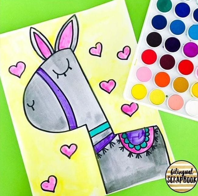 Colorful drawing of a llama with pink hearts surrounding it. - Directed Drawing for Kids