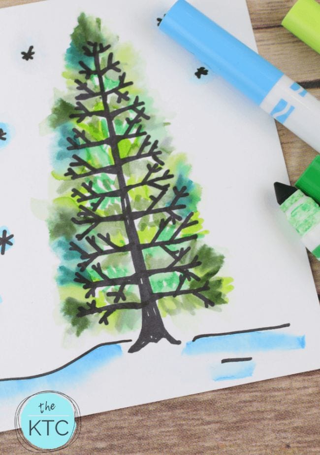 Simple watercolor marker drawing of a pine tree in snow