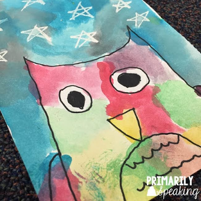 Simple owl and watercolor sketch with starry sky - Directed Drawing For Kids