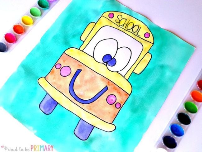 Watercolor picture of a smiling school bus - Directed Drawing for Kids