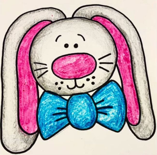 Cute drawing of a bunny with floppy ears and blue bow tie - Directed Drawing for Kids