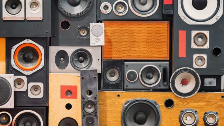 image of wall of retro vintage style Music sound speakers science phenomena lessons