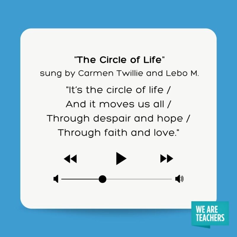 “The Circle of Life” sung by Carmen Twillie and Lebo M. (The Lion King) It's the circle of life / And it moves us all / Through despair and hope / Through faith and love.