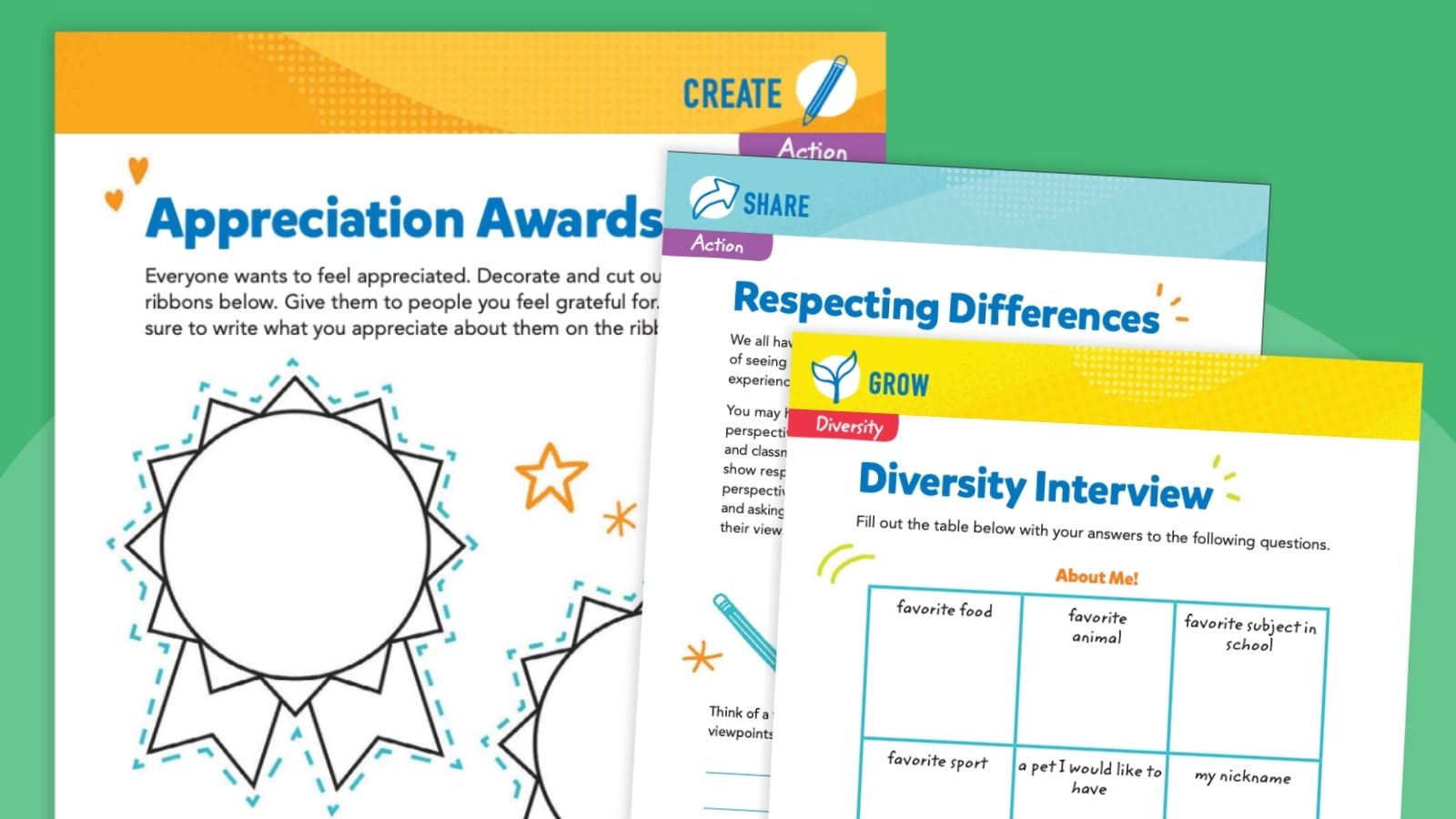 an image of three diversity and inclusion printables for kids