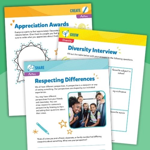 Diversity and Inclusion Printable Activities an image of three diversity and inclusion printables for kids