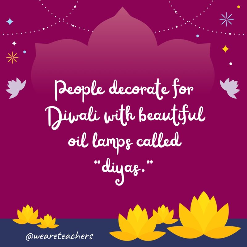 People decorate for Diwali with beautiful oil lamps called “diyas.”- fun facts about Diwali