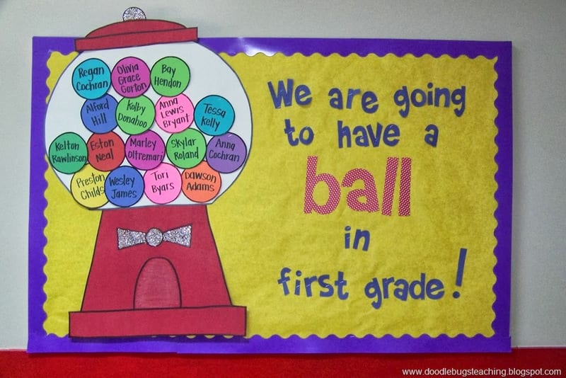 Bulletin Board featuring a large gumball machine with student names written on the gumballs. Text reads We are going to have a ball in first grade! (Back-to-School Bulletin Board Ideas)