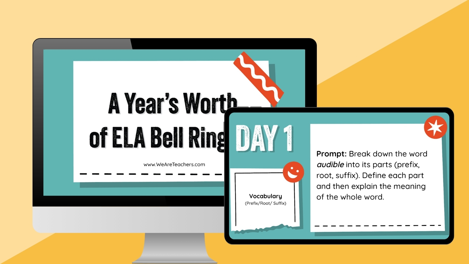 ELA bell ringers slideshow displayed on a desktop and tablet screen