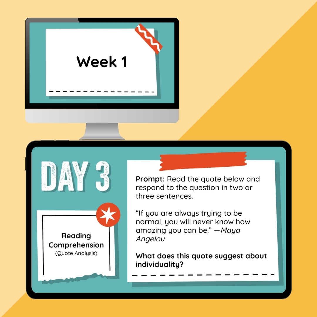 Day 3 reading comprehension slide with a Maya Angelou quote analysis question