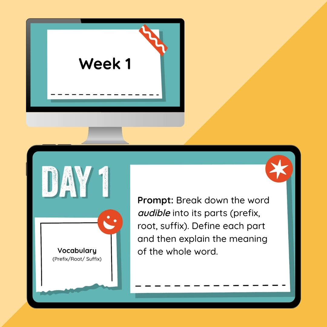 Week 1 Day 1 vocabulary prompt asking students to break down the word audible