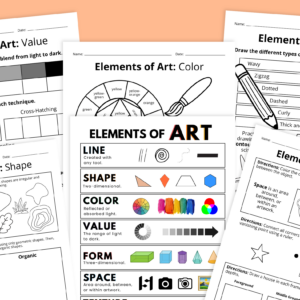 Images of worksheets from the Elements of Art Worksheet & Activity Bundle