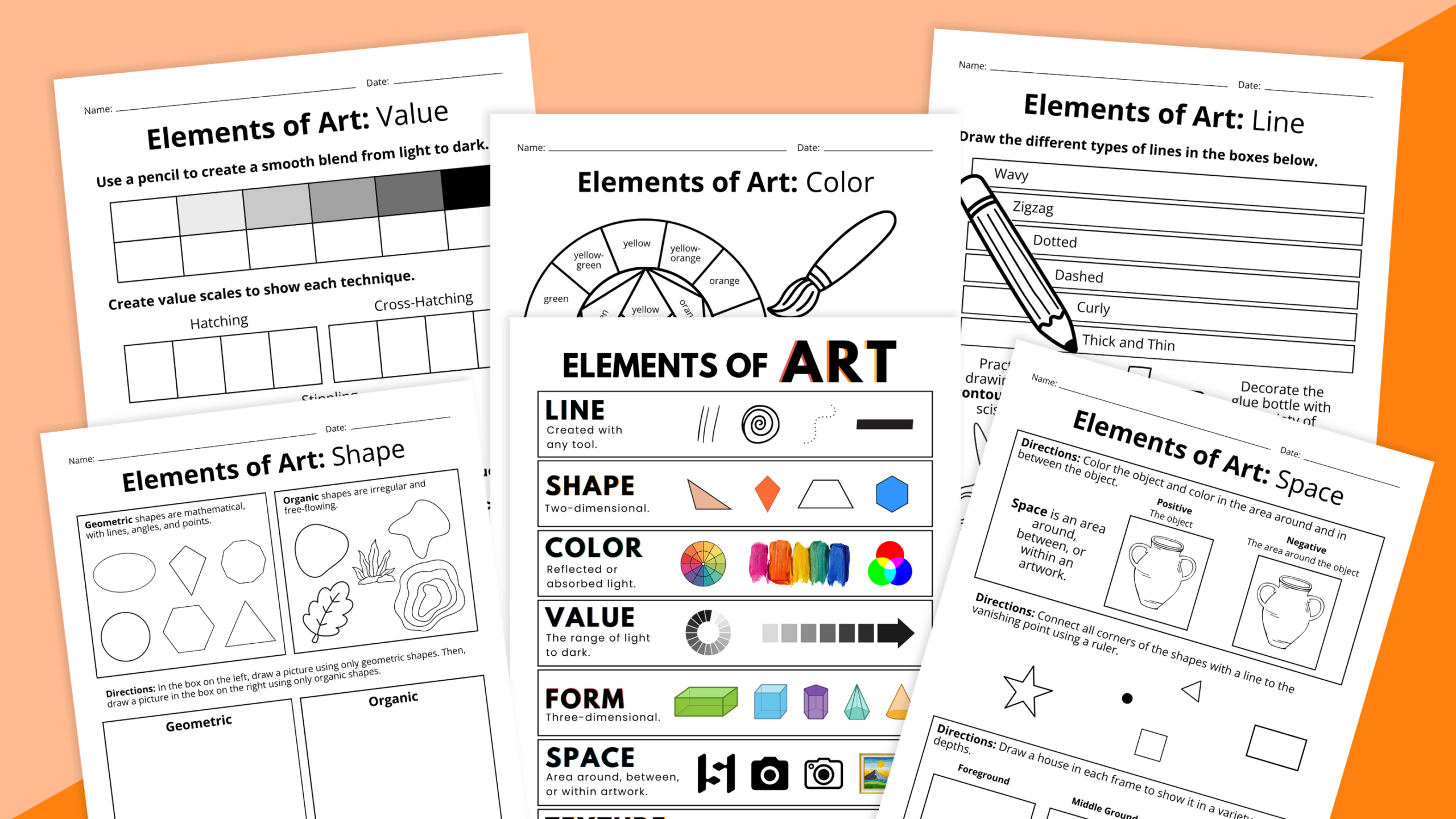 Images of worksheets from the Elements of Art Worksheet & Activity Bundle