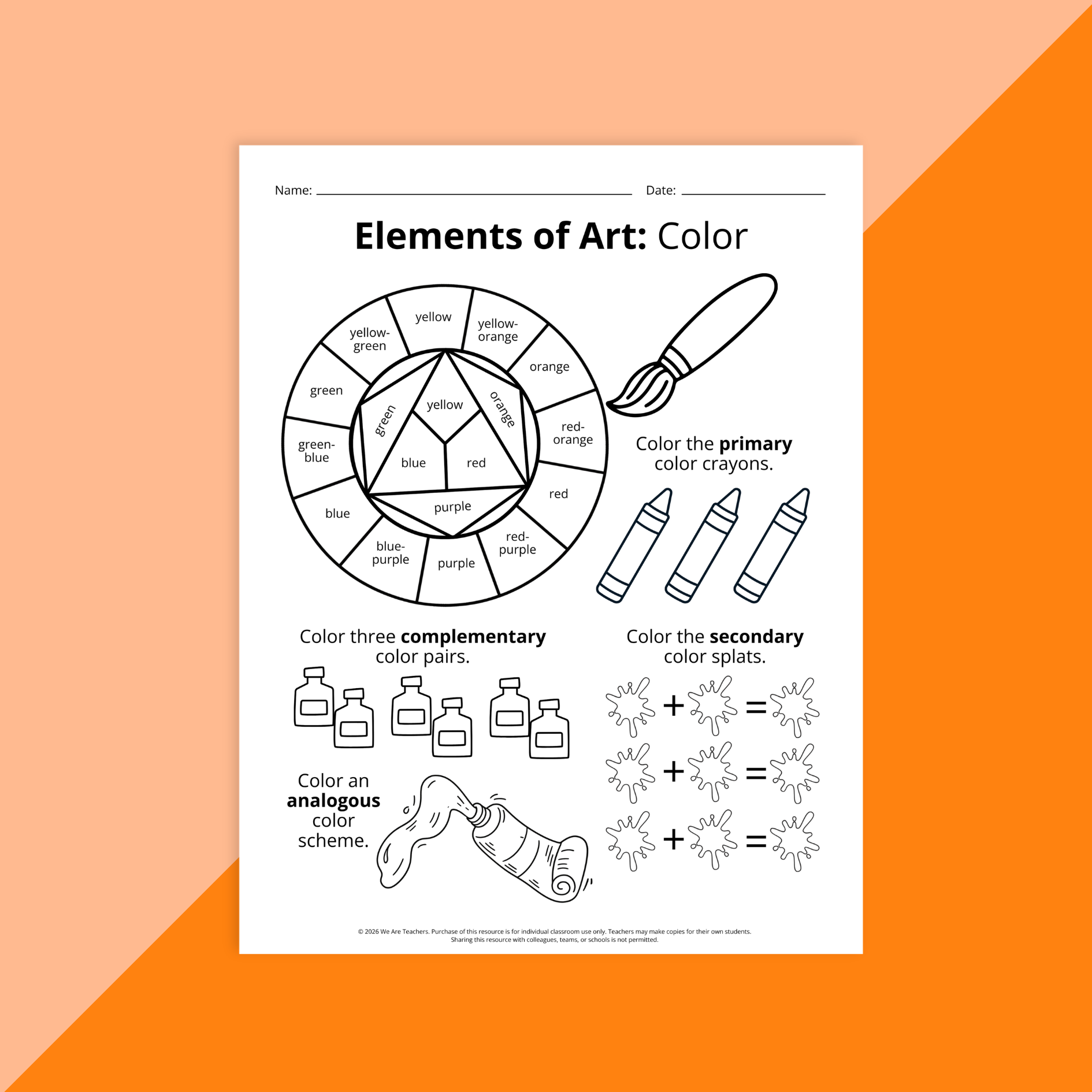Image of the color worksheet from the elements of art bundle.