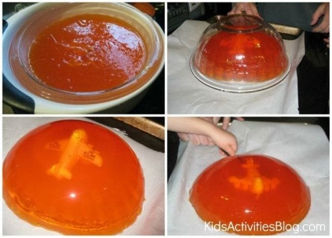 Collage of orange jello with toy plane inside