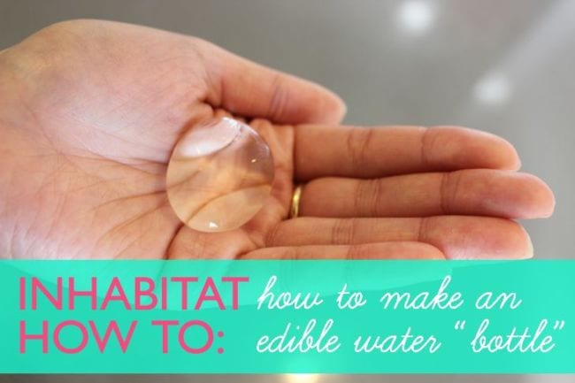 Hand holding spherified water blob. Text reads Inhabit How To: How to Make an Edible Water "bottle"