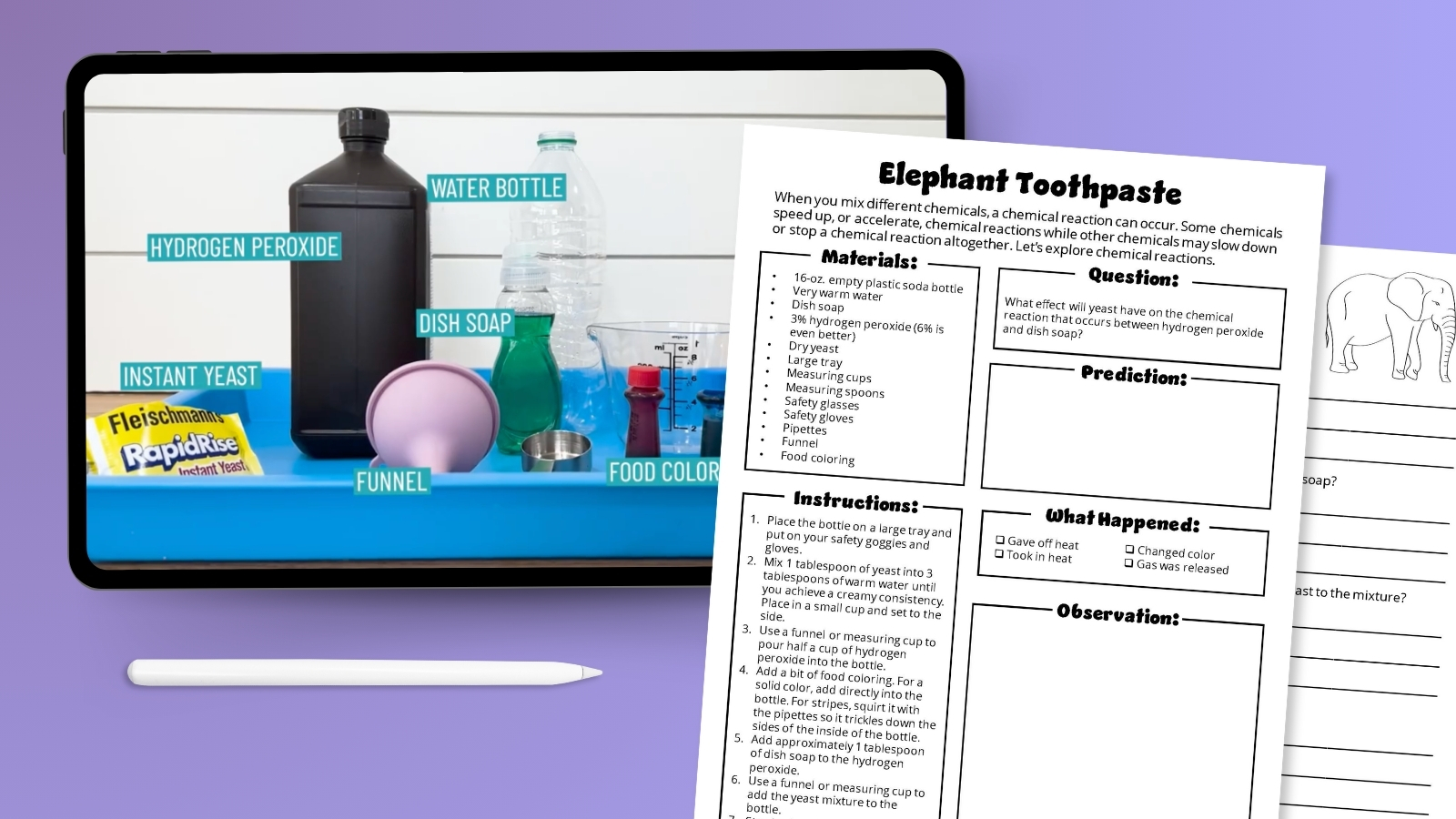 Tablet with elephant toothpaste experiment materials featured on screen next to a worksheet.