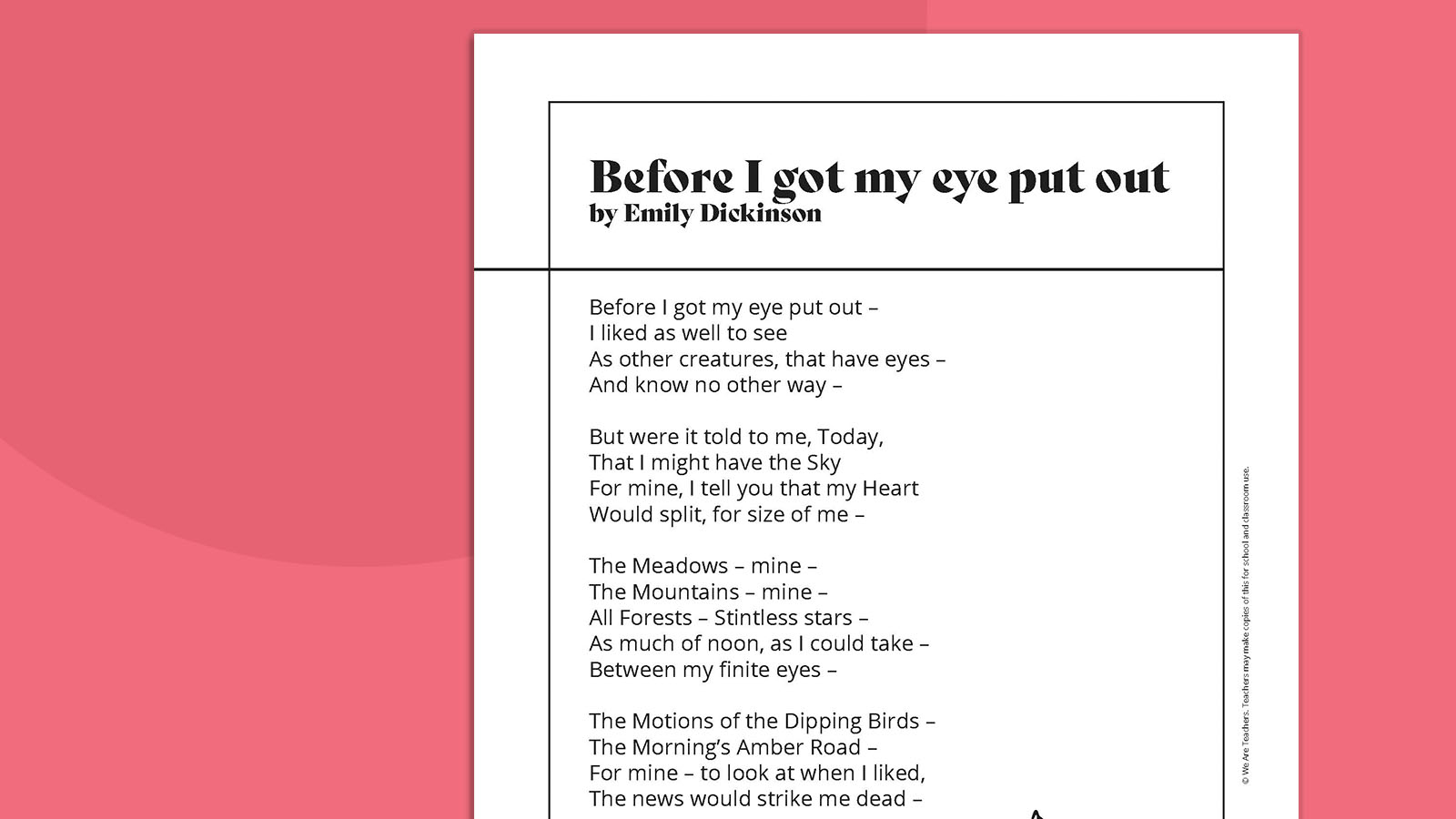 Before I got my eye put out - Emily Dickinson poems
