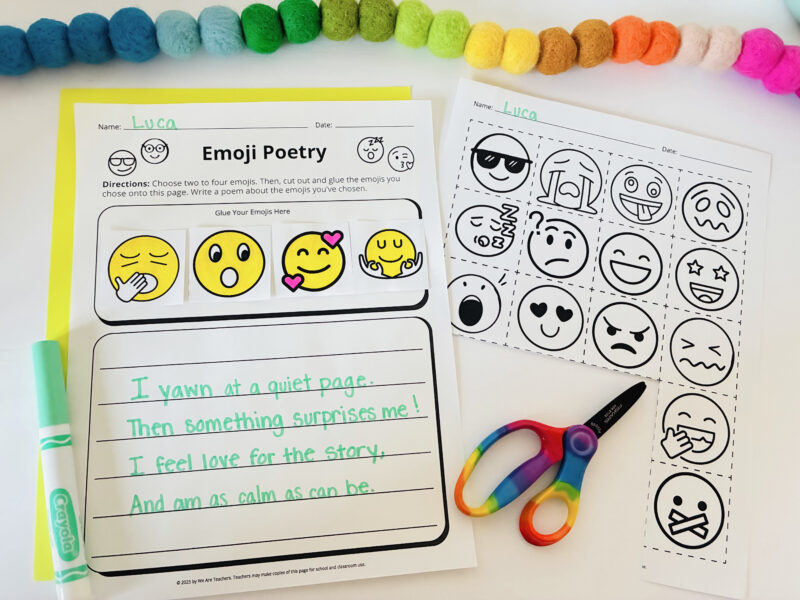 Emoji Poem Template an emoji poem template worksheet with scissors and a green marker