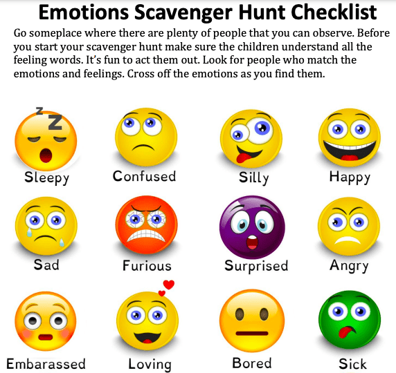 an emotions scavenger hunt checklist