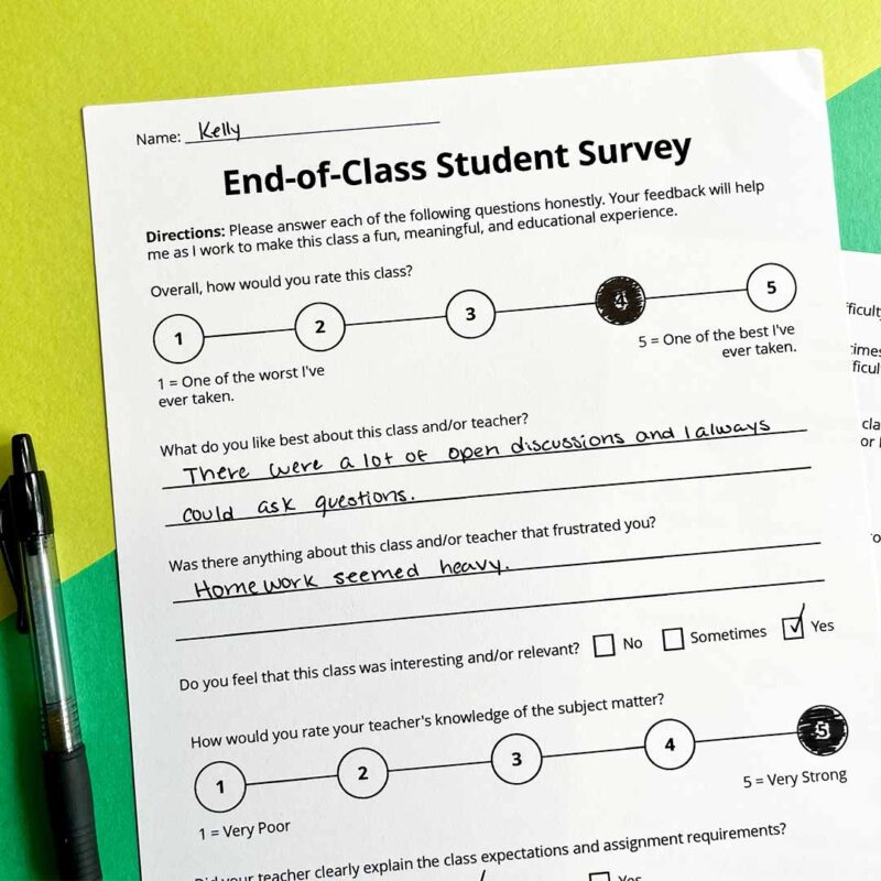Image of the front page of the End-of-the-Year Student Survey printable