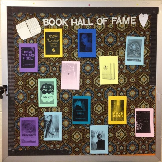 Book Hall of Fame bulletin board featuring printed book covers