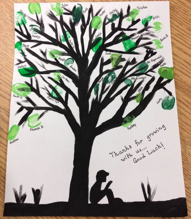 Black painted tree with student fingerprints for leaves (End of year assignments)