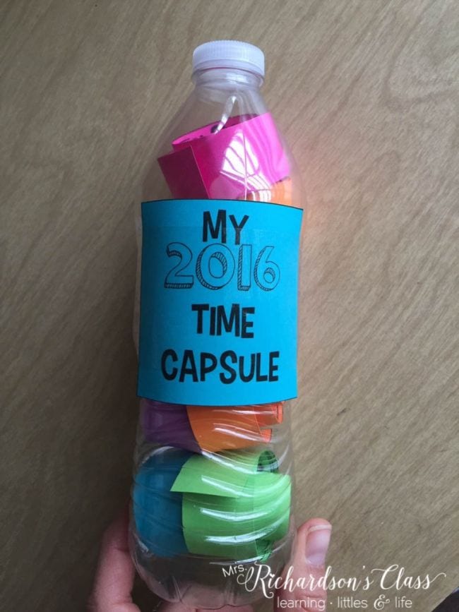 Plastic bottle labeled My 2016 Time Capsule (End of year assignments)