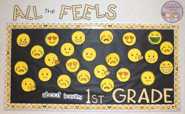 A black background has yellow emoji faces all over it with different expressions. It reads All the Feels About Leaving 1st Grade. 