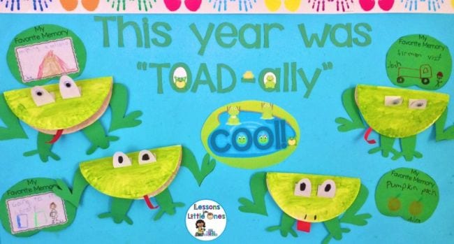 A bulletin board says This year was Toad ally cool. It has frogs on it made from paper plates and construction paper. 