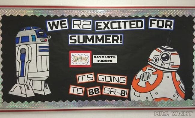 A black bulletin board says We R2 Excited for Summer! It also says It's Going to BB GR-8. It has R2 D2 and BB8 from Star Wars on it. 