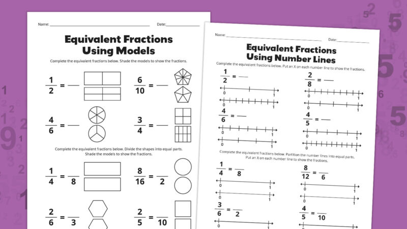 Flat lays of equivalent fractions worksheets on a purple background