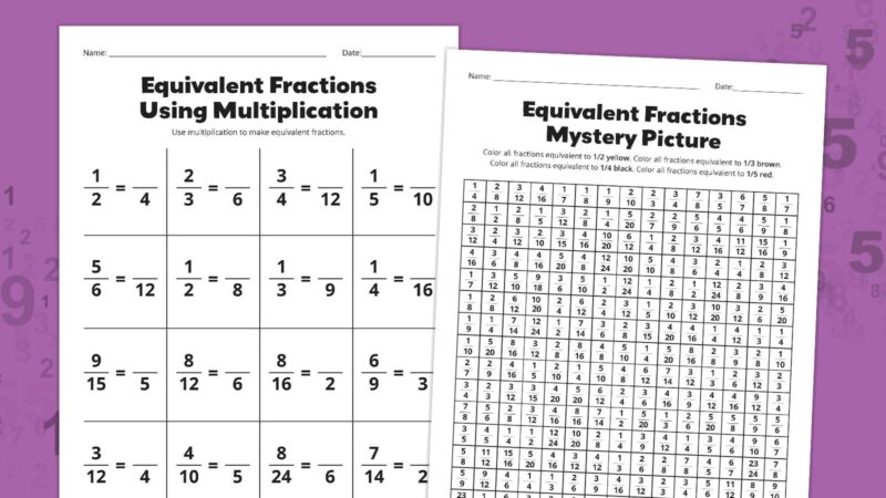 Flat lays of equivalent fractions worksheets on a purple background