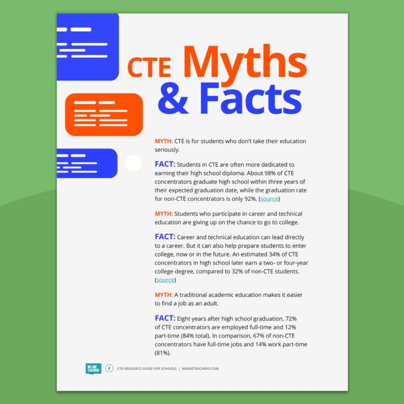 A page of myths and facts from the career and technical education guide