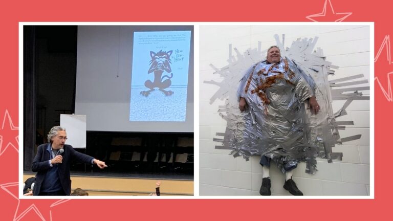 an image of two assembly ideas that include an author visit and taping your principal to the wall