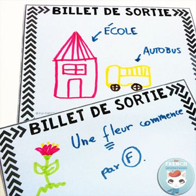 An example of exit tickets written in French with colorful illustrations and explanations
