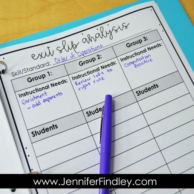 An exit slip analysis page in a teacher's notebook that allows teachers to show what skills and standards were addressed