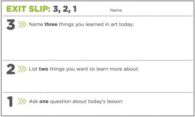 An exit ticket that asks students to name three things, list two things and ask one question on a particular subject