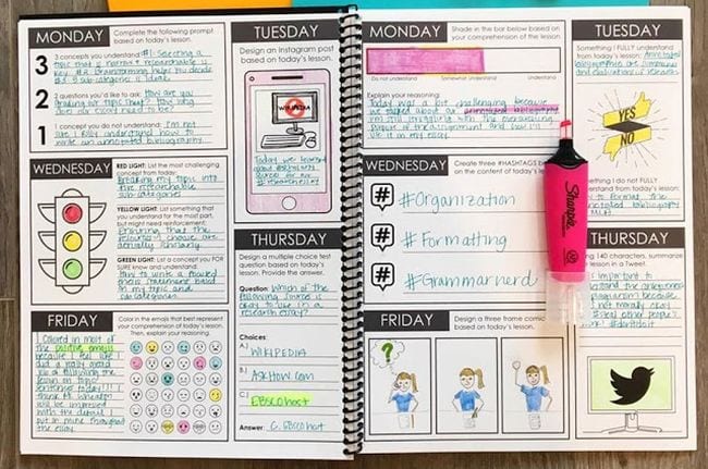 An example of journal pages teachers can use to keep track of exit tickets they give their students each day