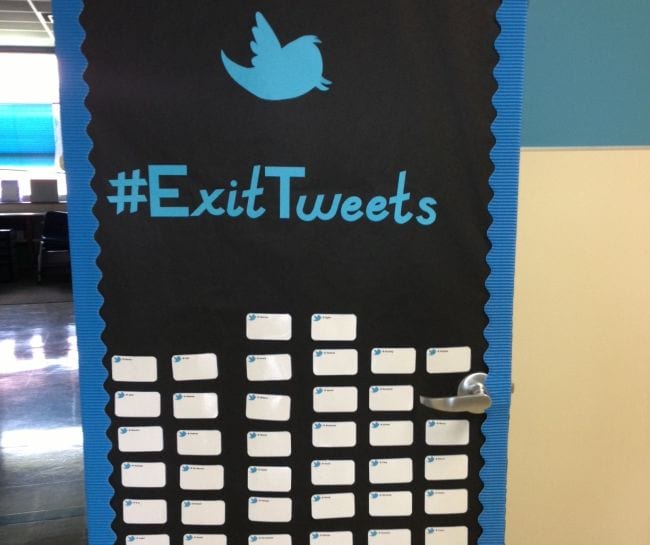 A classroom poster with the Twitter emblem marked #ExitTweets and student responses posted below