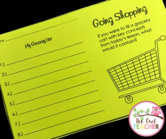 A bright yellow exit ticket with a picture of a shopping cart and space for student responses under the title "My Grocery List"