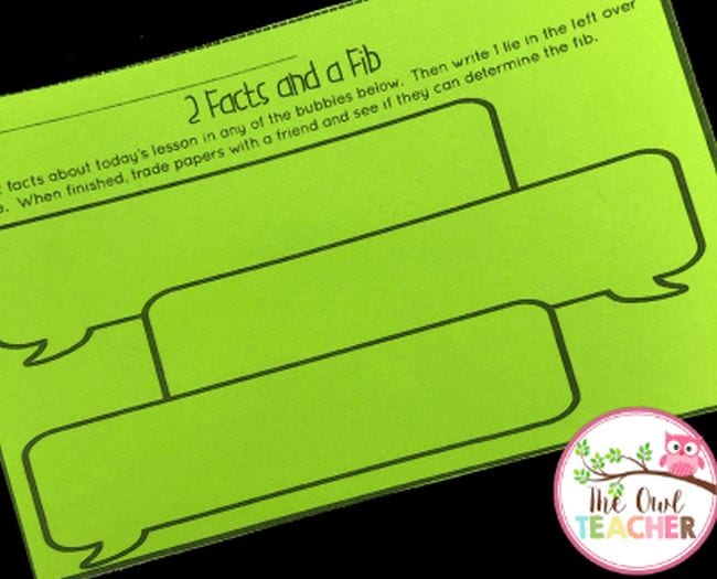 A bright green slip of paper labelled"2 facts and a fib" with space for students answer the prompt as an example of exit tickets in the classroom