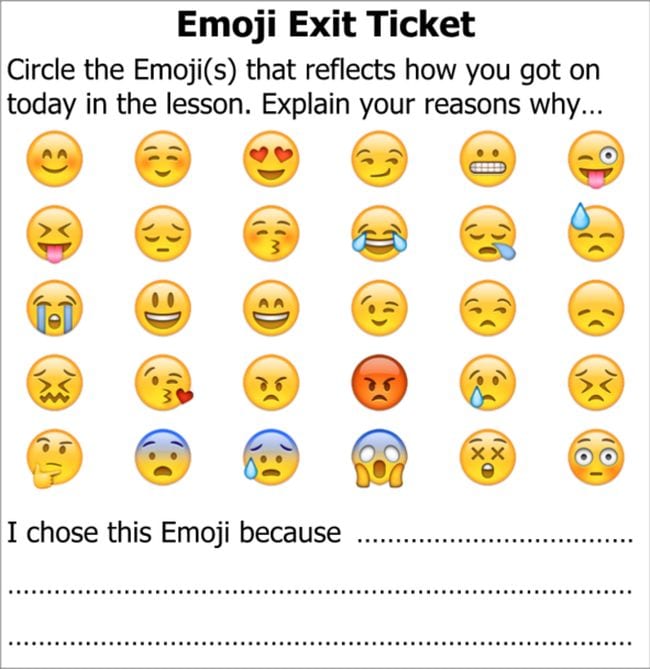Exit ticket with emojis, circle the emojis that reflect how you got on today in the lesson. Explain your reasons why... 