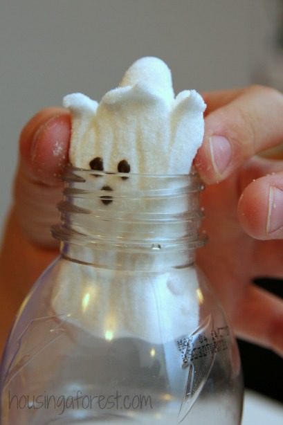 a child's fingers squeezing a ghost shaped Peep in the mouth of a glass bottle