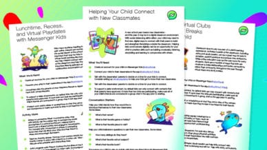 A bright green background with three white printer paper with information about Messenger Kids