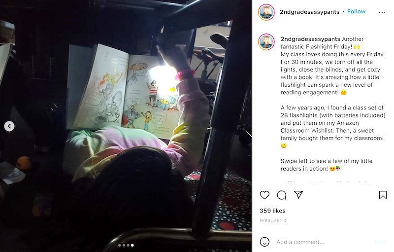 Screenshot of an Instagram post showing a child reading with a flashlight
