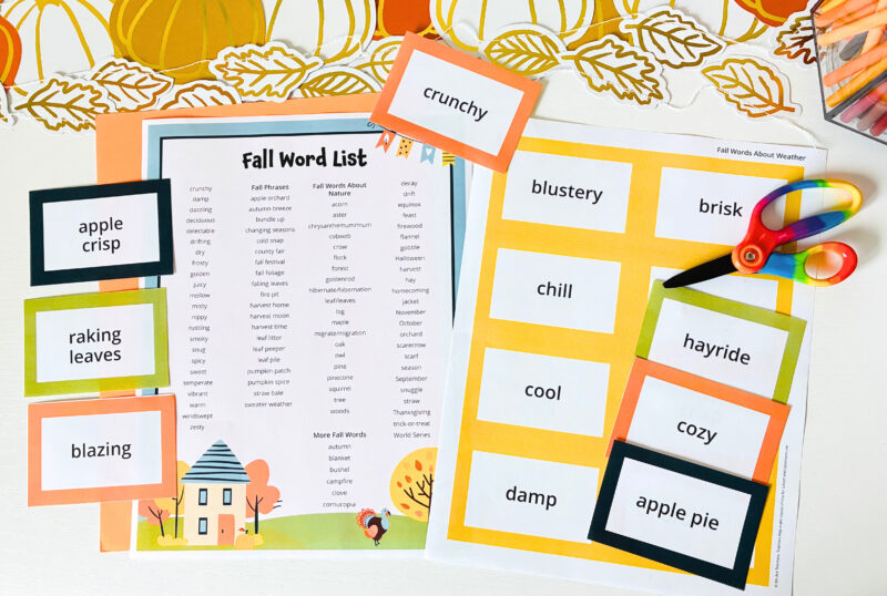 Fall Word List an image of a fall word list printable and fall word printable cards in fall colors