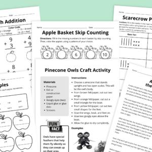 Flat lay of fall worksheets for grades K-3 on a green background