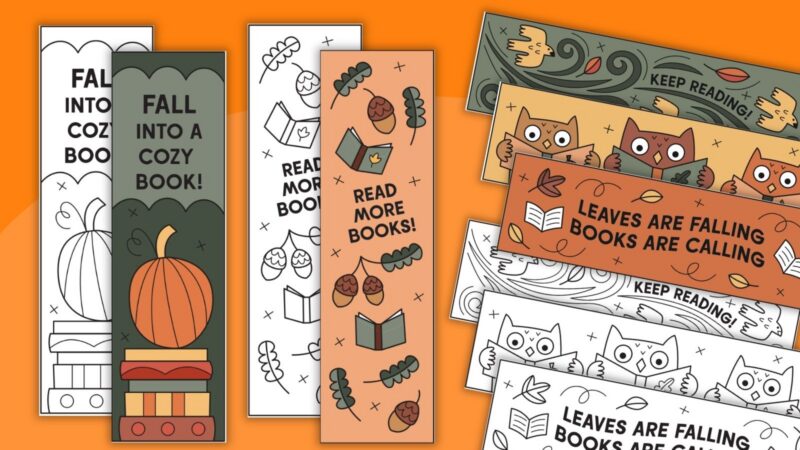 an image of color and black and white printable fall bookmarks