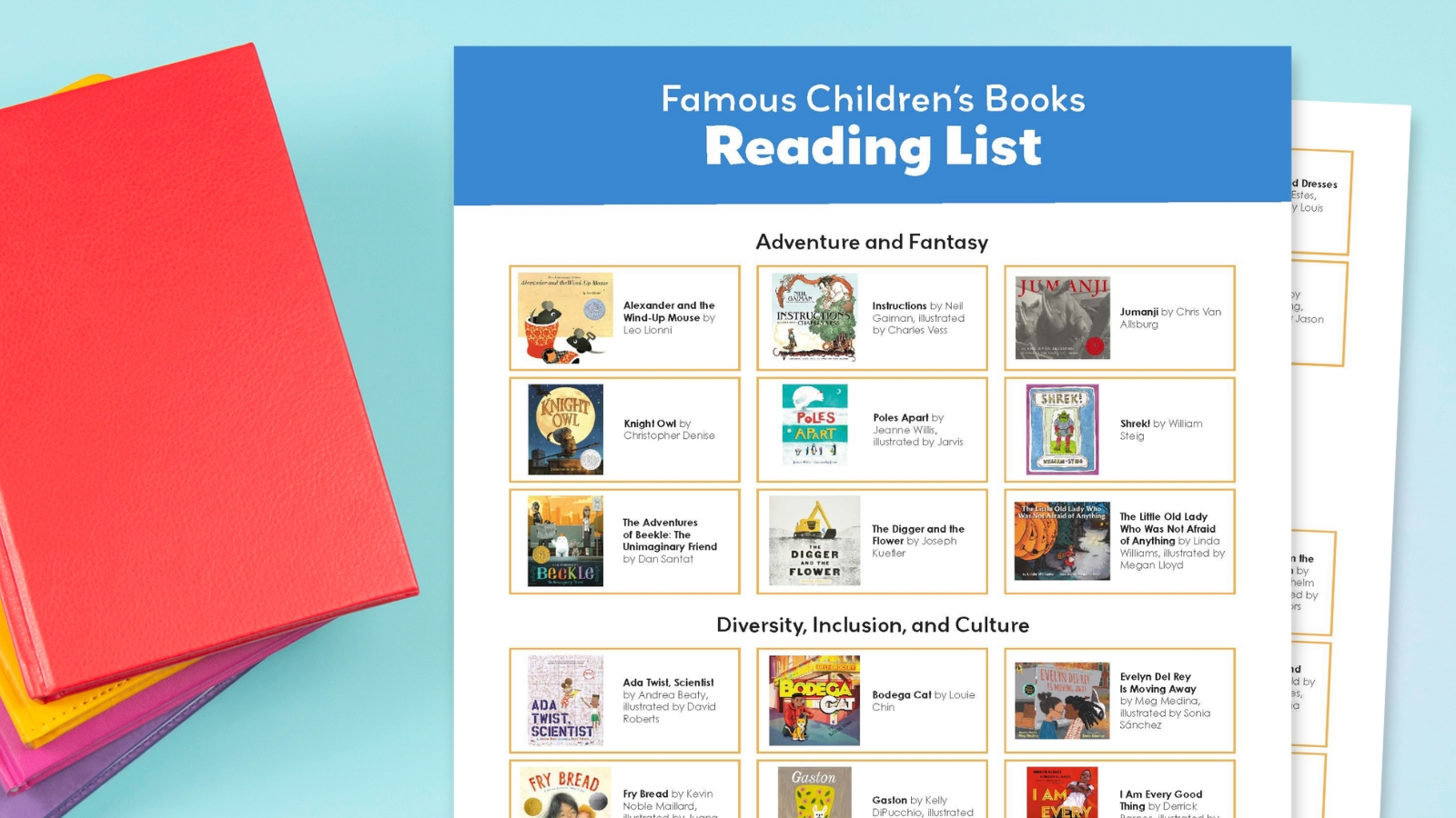 Printable reading list with 100 famous children's books.