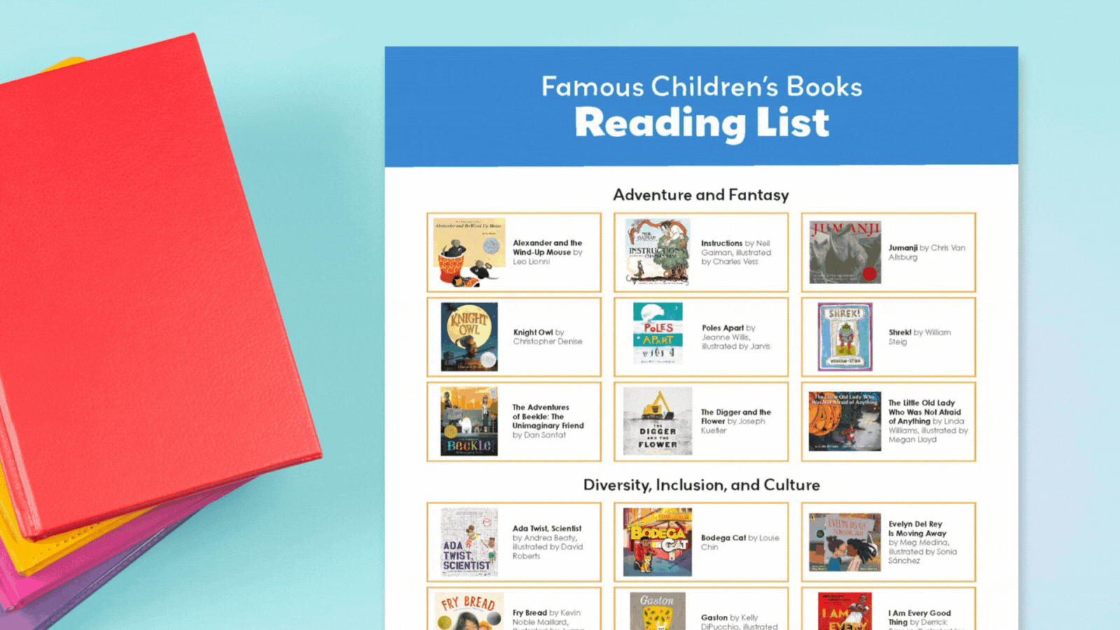 GIF featuring a printable reading list with 100 famous children's books.